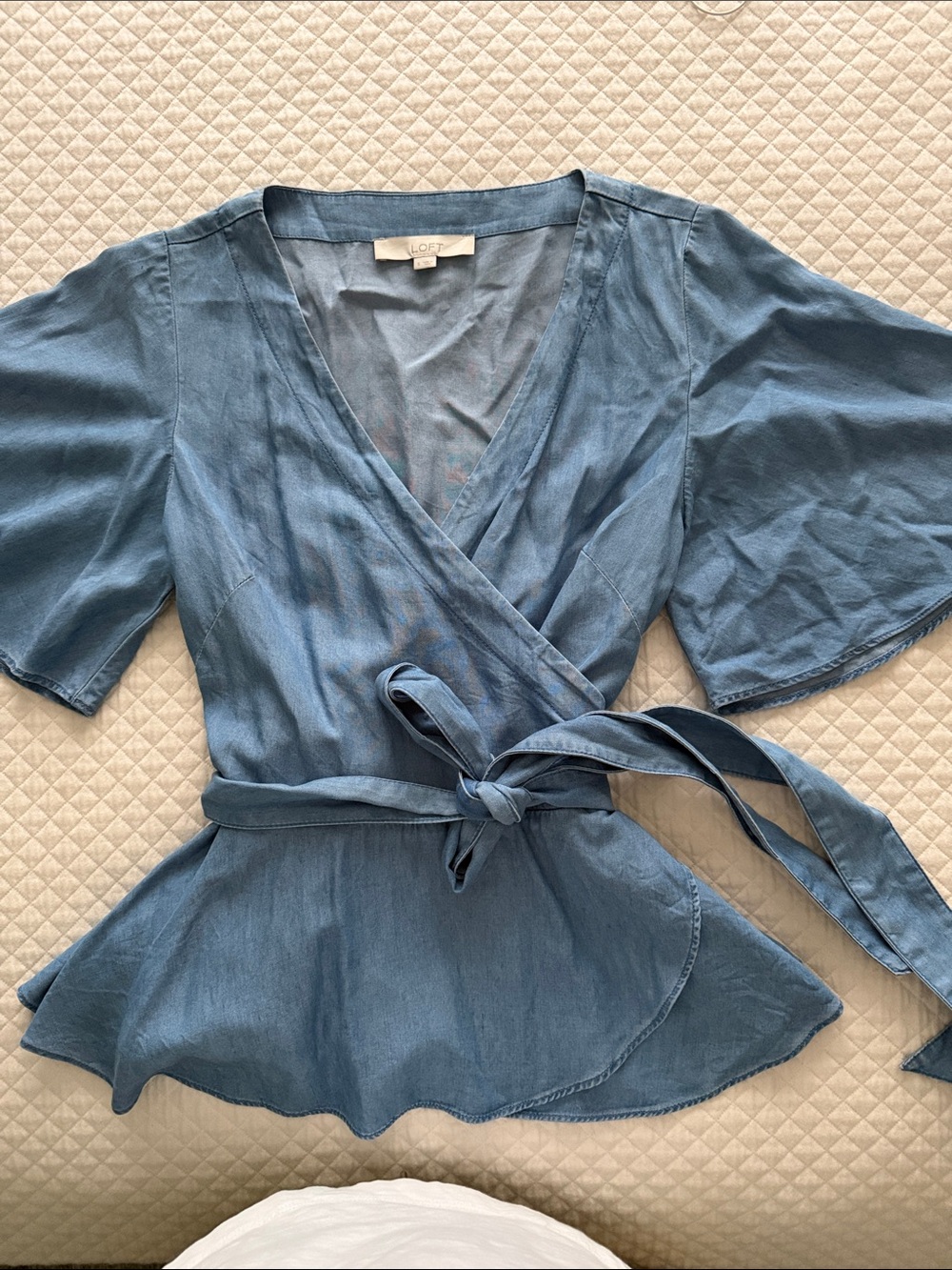 LOFT Dusty Blue Wrap Peplum Blouse with Tie Waist